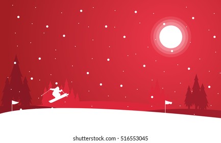 Landscape of people skiing at night winter