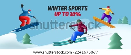 Landscape of people skiing, snowboarding in mountains nature, resort. 3d render style people, winter sports discounts