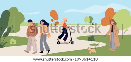 Landscape with people trendy vector illustration. Woman walks with a dog, riding a scooter, man with woman walk together in the park.
