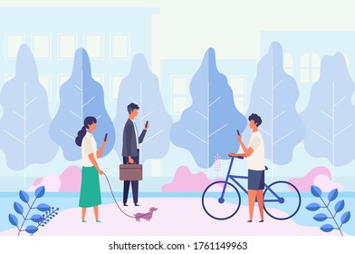 Landscape with people using mobile phone, texting, walking at city park. Men and women looking at social media. Flat cartoon colorful vector illustration.