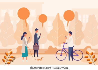 Landscape with people using mobile phone, texting, walking at city park. Men and women looking at social media. Flat cartoon colorful vector illustration.