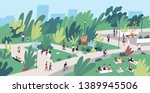 Landscape with people walking, playing, riding bicycle at city park. Urban recreation area with men and women performing leisure activities outdoors. Flat cartoon colorful vector illustration.