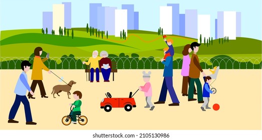 Landscape with people walking playing  riding  bicycle at city park Urban recreation area with men and women elderly people and children performing leisure activities outdoors  Flat colorful vector 