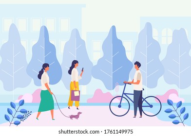 Landscape with people walking, texting, relaxing at city park. Men and women have a relaxing day off. Flat cartoon colorful vector illustration.