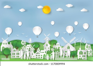 landscape of peoples exercise relax and hot air balloons in the morning city on summer, fresh air in the park as nature, healthy, paper art and craft style concept. vector illustration