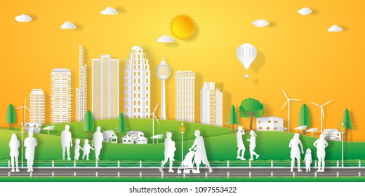 landscape of peoples exercise and relax in the morning city on summer, fresh air in the park as nature, healthy, paper art and craft style concept. vector illustration.