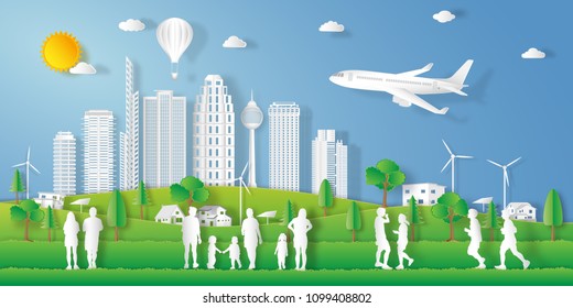 landscape of peoples exercise and relax in the morning city on summer, fresh air in the park as nature, healthy, paper art and craft style concept. vector illustration.