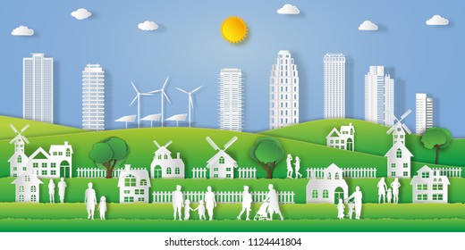 landscape of peoples exercise and relax in the morning city on summer, fresh air in the park as nature, healthy, paper art and craft style concept. vector illustration