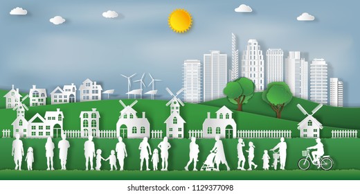 landscape of peoples exercise and relax in the morning city on summer, fresh air in the park as nature, healthy, paper art and craft style concept. vector illustration