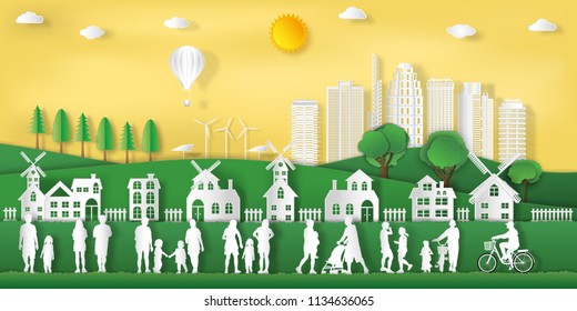 landscape of peoples exercise and relax in the morning city on summer, fresh air in the park as nature, healthy, paper art and craft style concept. vector illustration