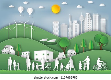 landscape of peoples exercise and relax in the morning city on summer, fresh air in the park as nature, healthy, paper art and craft style concept. vector illustration
