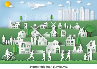 landscape of peoples exercise and relax in the morning city on summer, fresh air in the park as nature, healthy, paper art and craft style concept. vector illustration