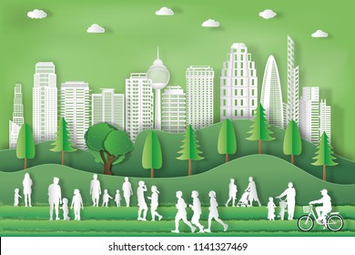 landscape of peoples exercise and relax in the morning city on summer, fresh air in the park as nature, healthy, paper art and craft style concept. vector illustration