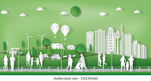 landscape of peoples exercise and relax in the morning city on summer, fresh air in the park as nature, healthy, paper art and craft style concept. vector illustration