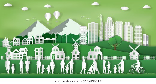 landscape of peoples exercise and relax in the morning city on summer, fresh air in the park as nature, healthy, paper art and craft style concept. vector illustration