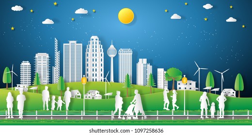 landscape of peoples exercise and relax in the night city on summer, fresh air in the park as nature, healthy, paper art and craft style concept. vector illustration.