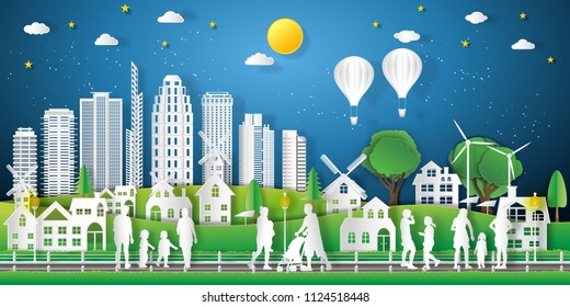 landscape of peoples exercise and relax in the night city on summer, fresh air in the park as nature, healthy, paper art and craft style concept. vector illustration.