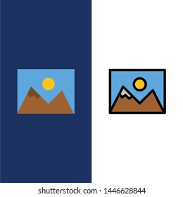 Landscape, Photo, Photographer, Photography  Icons. Flat and Line Filled Icon Set Vector Blue Background