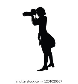 Landscape photographer with camera without tripod vector silhouette. Paparazzi shooting on the event illustration isolated. Photo reporter on duty.  Journalist work for breaking news