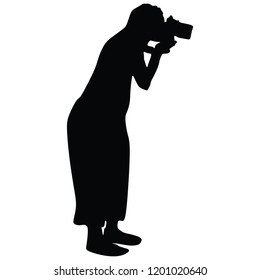 Landscape photographer with camera without tripod vector silhouette. Paparazzi shooting on the event illustration isolated. Photo reporter on duty.  Journalist work for breaking news