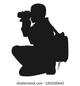 Landscape photographer with camera without tripod vector silhouette. Paparazzi shooting on the event illustration isolated. Photo reporter on duty.  Journalist work for breaking news