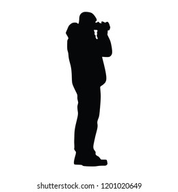 Landscape photographer with camera without tripod vector silhouette. Paparazzi shooting on the event illustration isolated. Photo reporter on duty.  Journalist work for breaking news