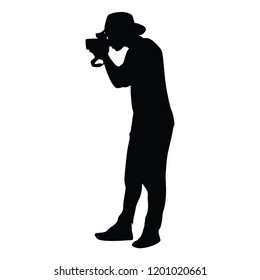 Landscape photographer with camera without tripod vector silhouette. Paparazzi shooting on the event illustration isolated. Photo reporter on duty.  Journalist work for breaking news