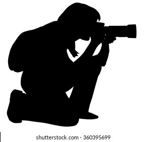 Landscape photographer with camera without tripod vector silhouette. Paparazzi shooting on the event illustration isolated. Photo reporter on duty. Sport photography. Journalist work for breaking news