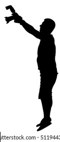 Landscape photographer with camera without tripod vector silhouette. Paparazzi shooting on the event illustration isolated. Photo reporter on duty. Sport photography. Journalist work for breaking news
