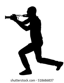 Landscape photographer with camera without tripod vector silhouette. Paparazzi shooting on the event illustration isolated. Photo reporter on duty. Sport photography. Journalist work for breaking news