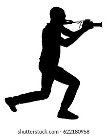 Landscape photographer with camera without tripod vector silhouette. Paparazzi shooting on the event illustration isolated. Photo reporter on duty. Sport photography. Journalist work for breaking news