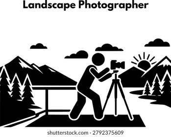 Landscape Photographer Icon with Camera Tripod capturing Sunrise over Mountain Range