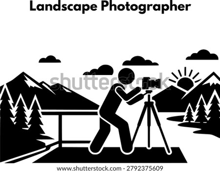 Landscape Photographer Icon with Camera Tripod capturing Sunrise over Mountain Range