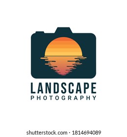 Landscape photographer logo design. Digital camera and lens in the form of sun and water vector design. Nature photographer logotype