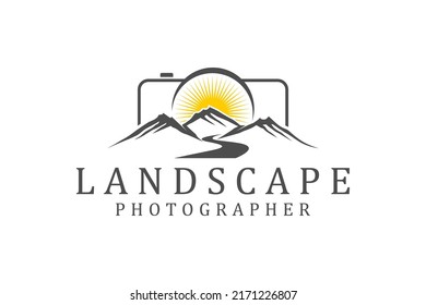 Landscape photographer logo mountain river with sunset camera outline symbol simple mnimalist photography film studio design vector