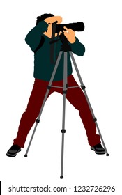 Landscape photographer with tripod vector illustration. Paparazzi shooting on the event, silhouette illustration isolated on white background. Photo reporter on duty. Cameraman on sport event.