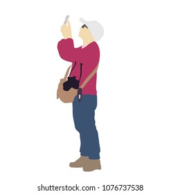 Landscape photographer without tripod vector silhouette. Tourist shooting on the city, silhouette illustration isolated on white background. Photo reporter on duty.