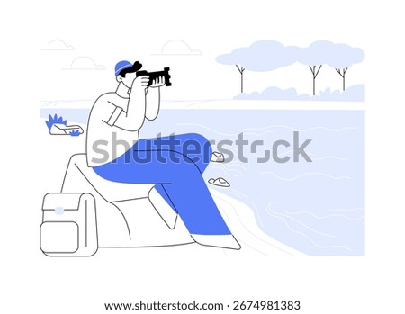 Landscape photography isolated cartoon vector illustrations. Young tourist man taking pictures of animals and nature, birdwatching process, travel with camera, environment beauty vector cartoon.