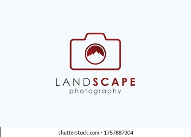 Landscape Photography Logo. Linear Camera Icon with Circle Shape Negative Space Mountain Symbol Combination isolated on White Background. Flat Vector Logo Design Template Element.