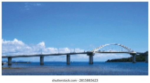 Landscape photography of massive bridge structure crossing ocean bay. Beautiful architectural marvel connecting land areas with calm sea foreground.