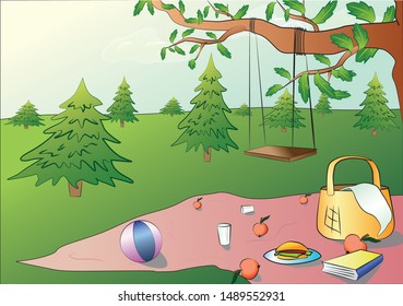 Landscape. the picnic is illustrated (blanket, basket, swing, tree, ball). Vector graphics