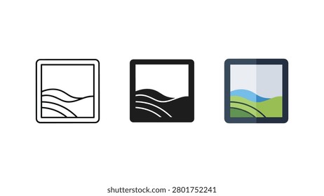 Landscape picture frame icon set with landscape photography illustration interface mountains collection