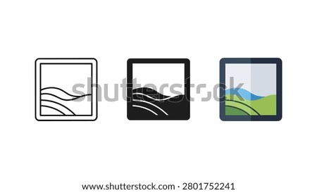 Landscape picture frame icon set with landscape photography illustration interface mountains collection