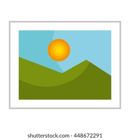 Landscape picture with mountains and sun on it, vector illustration.