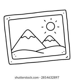 Landscape picture with mountains, sun and rolling hills inside a rectangular frame, drawn in bold black hand-drawn outline and isolated.