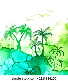 landscape picturesque palm trees. Vector illustration