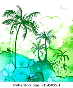 landscape picturesque palm trees. Vector illustration