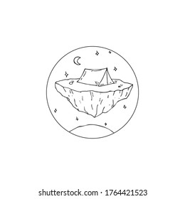 Landscape with a piece of land with a tent in outer space with stars and the moon inside a circle