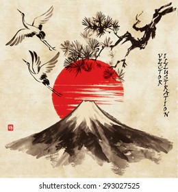 Landscape with pine branch, mountain Fuji,sun and storks in traditional japanese sumi-e style on vintage watercolor background. Vector illustration. Hieroglyph "stork"