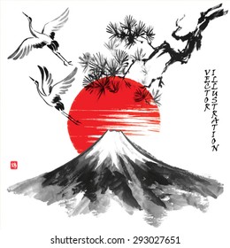 Landscape with pine branch, mountain Fuji,sun and storks in traditional japanese sumi-e style. Vector illustration. Hieroglyph "stork"